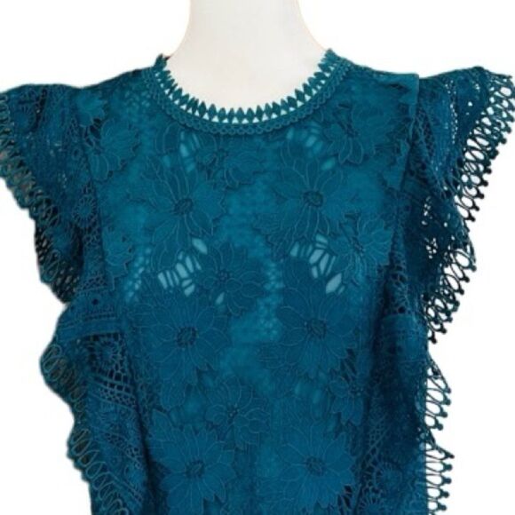Anthropologie Guest Editor Teal lace ruffle sleeve, 100% polyester, lined, sz M - Picture 2 of 7